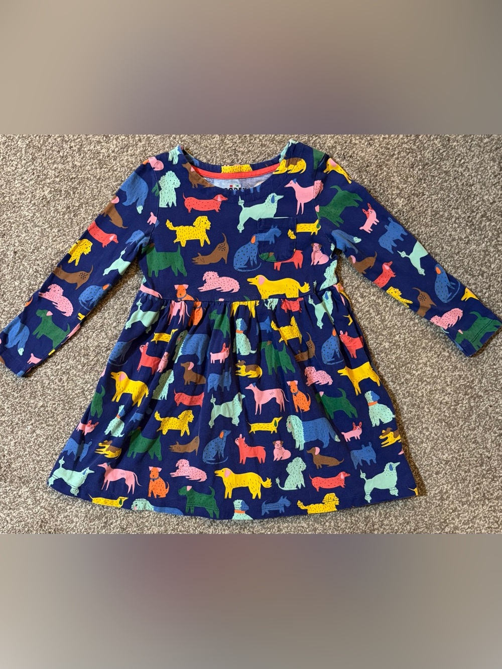Mini Boden Navy Long-Sleeve Dog Print Dress with Multicolor Pups